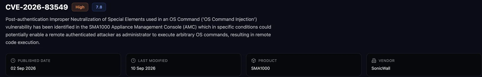 Vulnerability intelligence for CVE-2026-83549: severity, CVSS score, description, published and modified dates, product and vendor