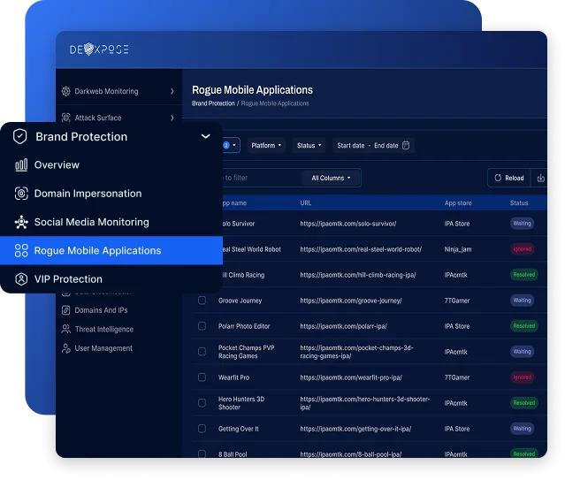 Rogue mobile applications view in the DeXpose brand protection module