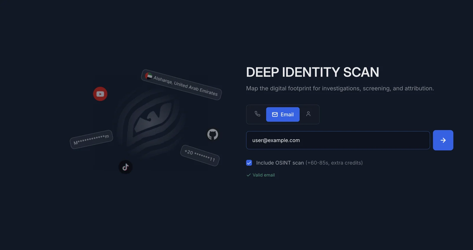 Deep identity scan: map the digital footprint from a phone number, an email address or a username, with an optional OSINT scan