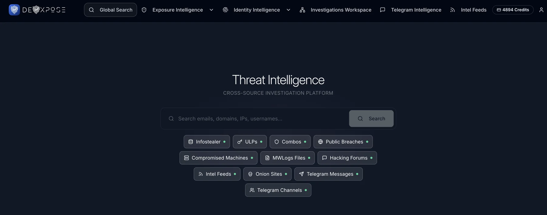 The DeXpose investigation platform: global search across infostealer logs, ULPs, combos, public breaches, compromised machines, malware log files, hacking forums, intel feeds, onion sites, Telegram messages and Telegram channels