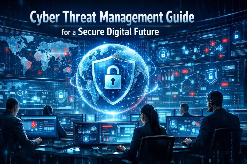 Cyber threat management illustration with shield and data icons