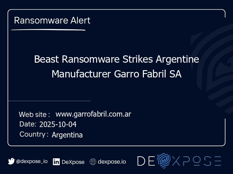 Beast Ransomware Strikes Argentine Manufacturer Garro Fabril SA