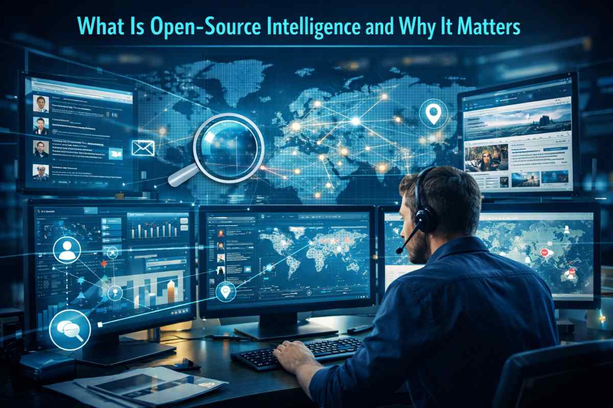 Open-Source Intelligence analysis showing data collection from public sources.