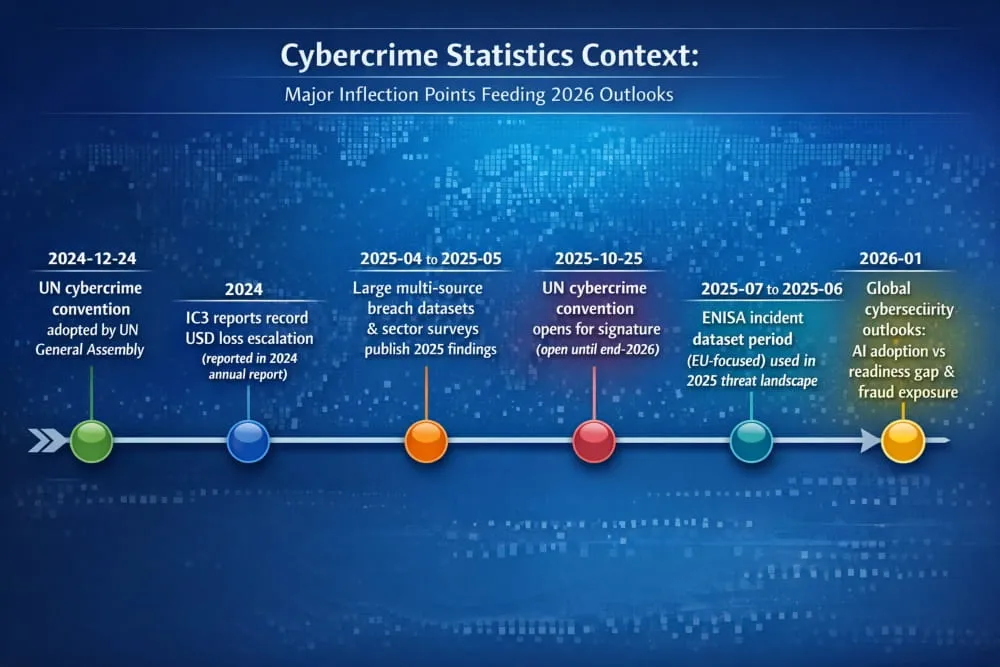 Mermaid timeline of key cybercrime and policy inflection points