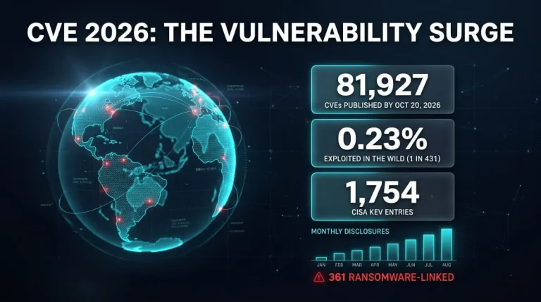 CVE 2026 vulnerability surge infographic with a globe of breach hotspots and stat cards showing 81,927 CVEs, 0.23% exploited and 1,754 CISA KEV entries.