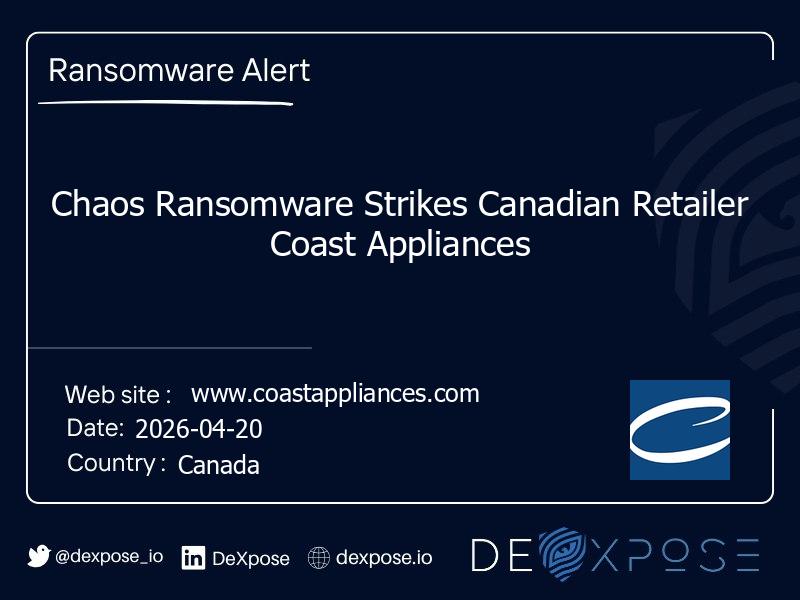 Chaos Ransomware Strikes Canadian Retailer Coast Appliances