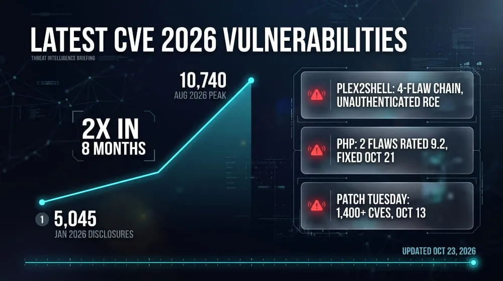 Latest CVE 2026 vulnerabilities infographic showing disclosures doubling from 5,045 to 10,740 a month, with cards for Plex2Shell, PHP flaws and Patch Tuesday.
