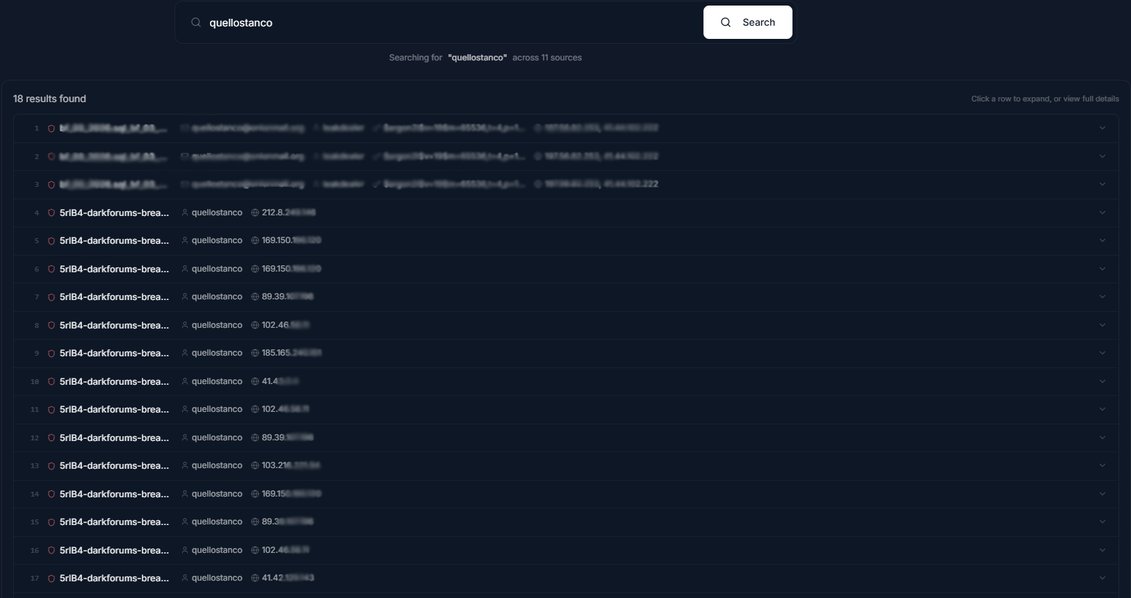 Leaked IP addresses tied to the Quellostanco account
