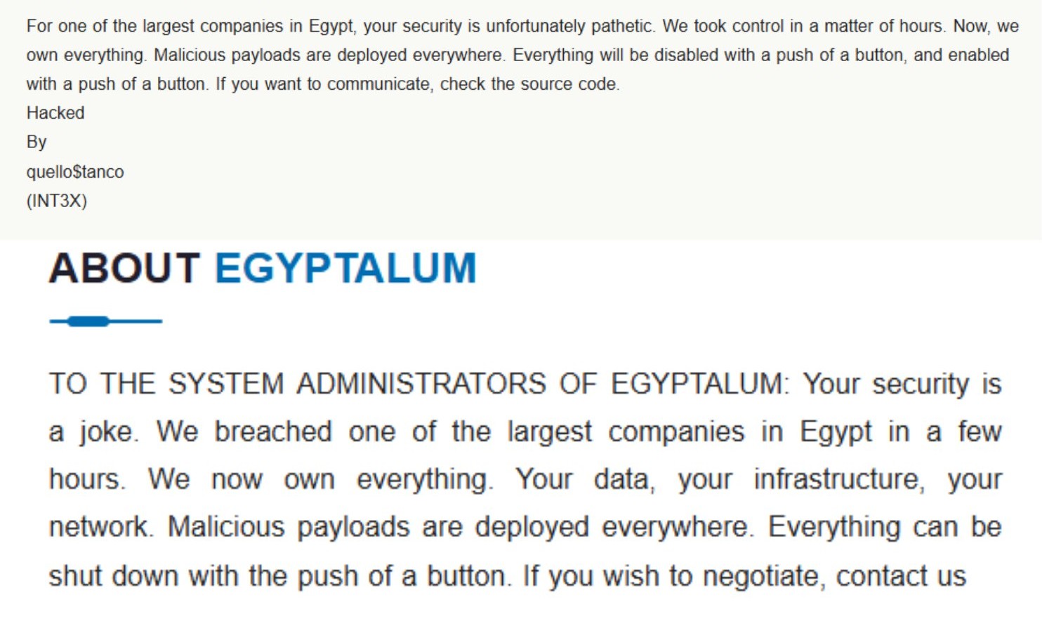 Egyptalum defacement referencing INT3X