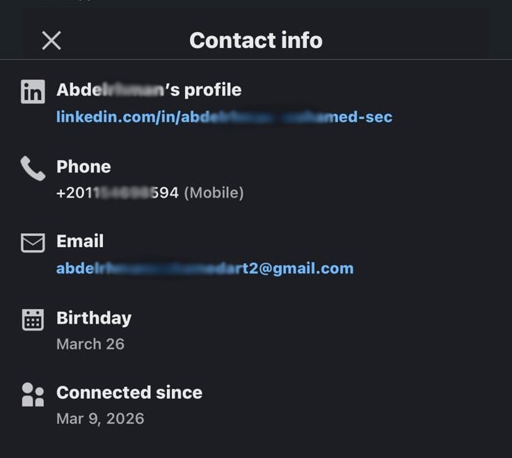 LinkedIn contact information verifying the phone number