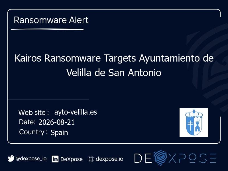 Kairos Ransomware Targets Ayuntamiento de Velilla de San Antonio