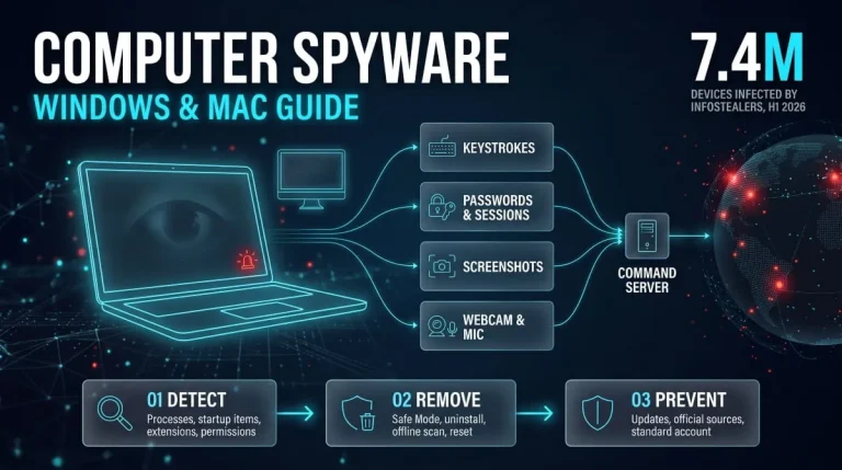 Infographic of computer spyware stealing keystrokes and passwords, with a detect, remove, prevent flow.