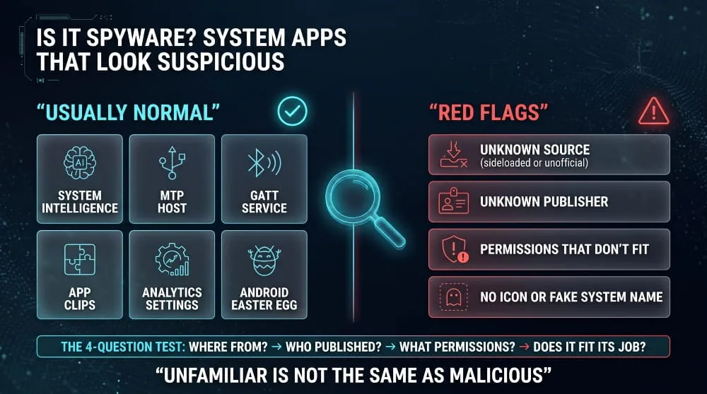 Infographic comparing normal system apps with spyware red flags, plus a four-question test for unfamiliar apps.