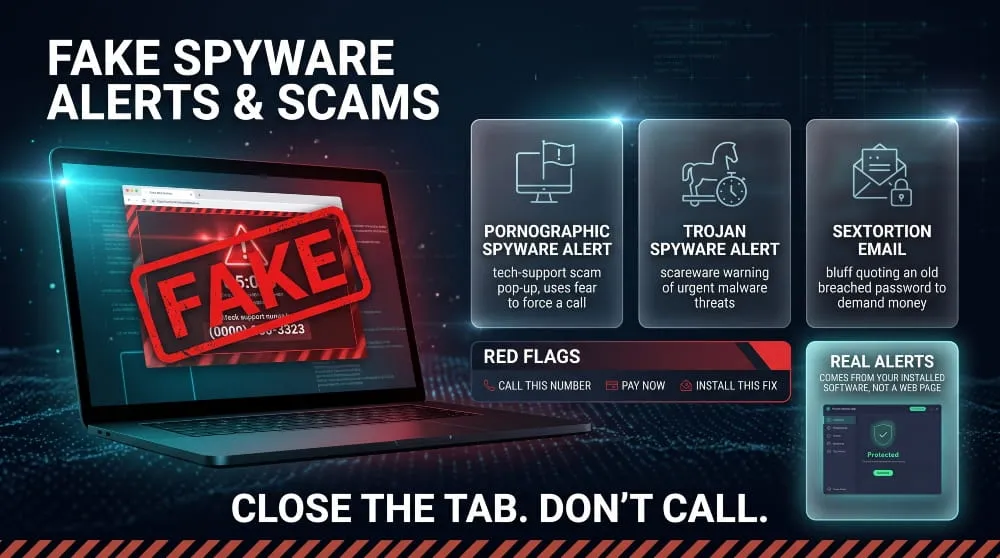 Infographic showing fake spyware alert scams, including scareware pop-ups and sextortion emails, with red flags.