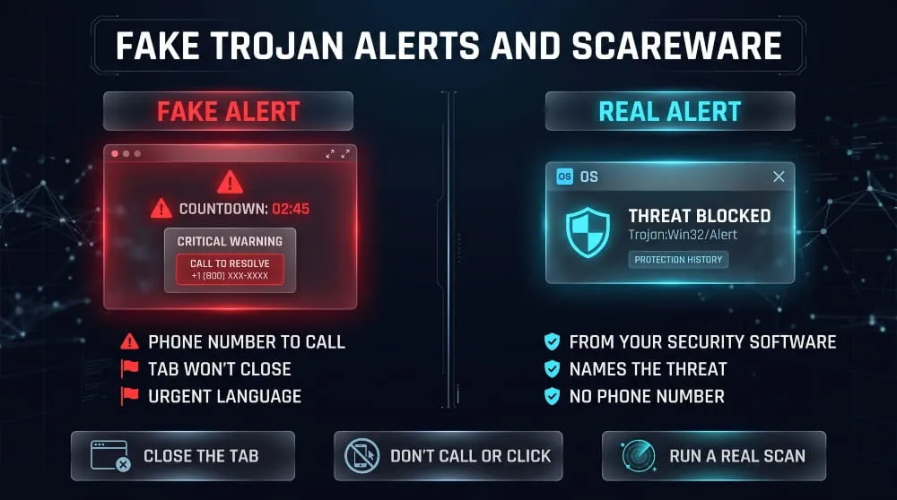 Comparison infographic of a fake browser trojan alert with a phone number versus a real security software notification.