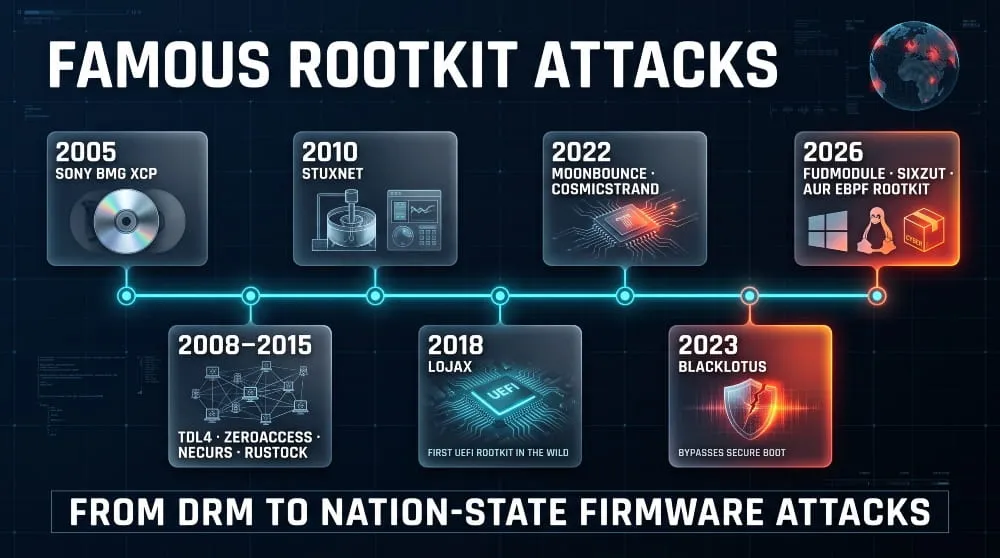 Timeline infographic of famous rootkit attacks from the 2005 Sony BMG XCP scandal to Stuxnet, UEFI rootkits, BlackLotus and 2026 campaigns.