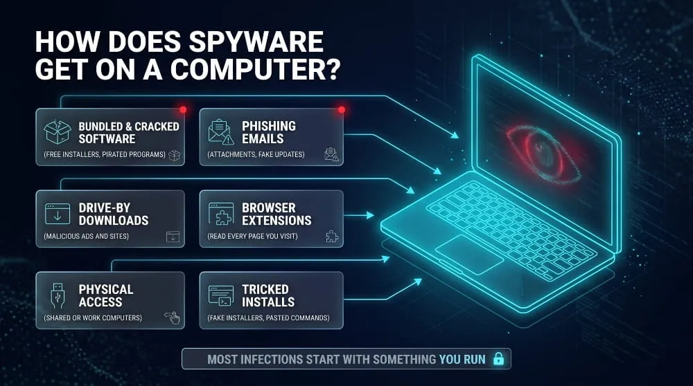 Infographic of computer spyware stealing keystrokes and passwords, with a detect, remove, prevent flow.