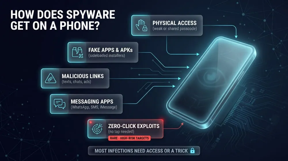 Infographic of five ways spyware gets on a phone, including physical access, fake apps, links and zero-click.