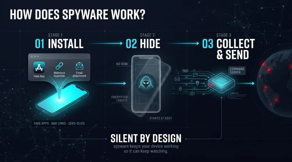Three-step diagram of how spyware works: it installs on a device, hides itself, then collects and sends data.