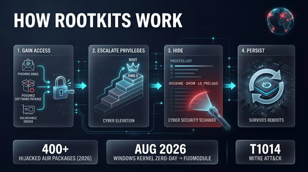 Four-step infographic showing how rootkits work: gain access, escalate privileges, hide from security tools, and persist through reboots.