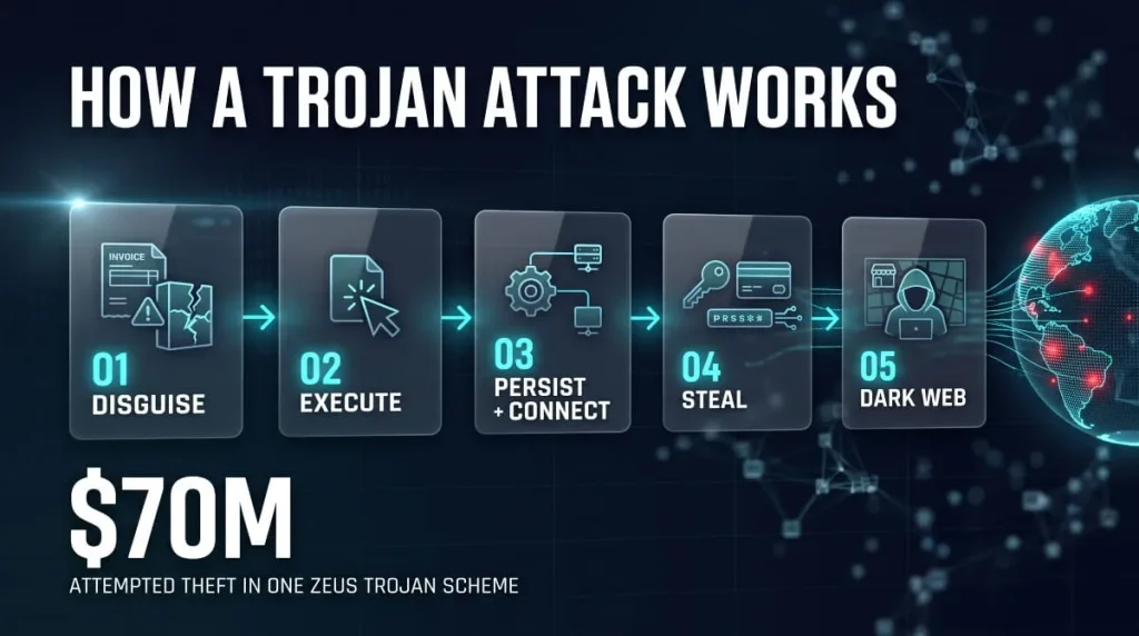 Infographic showing the five stages of a trojan attack, from a disguised file to stolen credentials sold on the dark web.