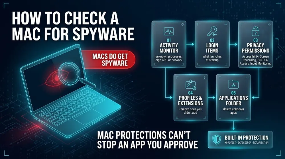 Six-step checklist for finding spyware on a Windows PC, from Task Manager and startup apps to offline scans.
