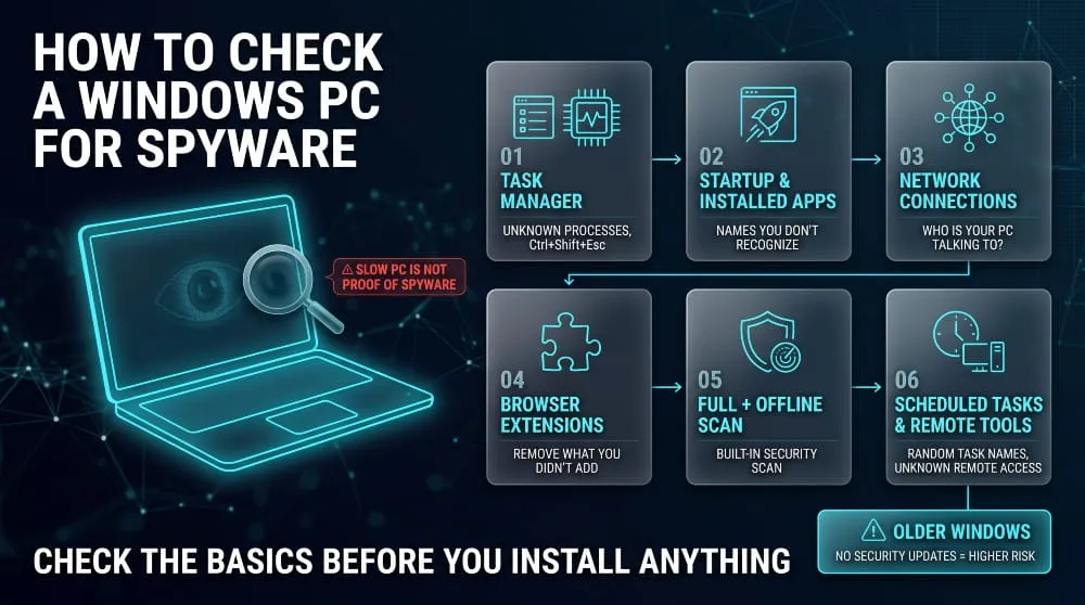 Infographic of six warning signs of spyware on a computer, plus Windows and Mac tools for checking them.