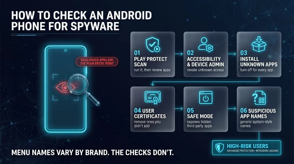 Six-step checklist for finding spyware on an Android phone, from Play Protect to Safe Mode and user certificates.