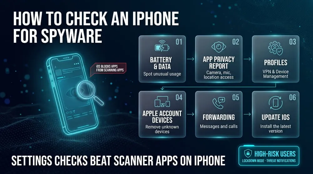 Six-step checklist for finding spyware on an iPhone, from battery usage and profiles to forwarding and updates.