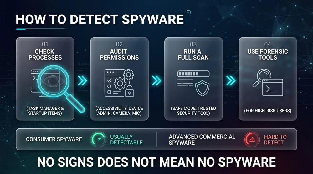 Four-step diagram for detecting spyware: check processes, audit permissions, run a full scan, use forensic tools.