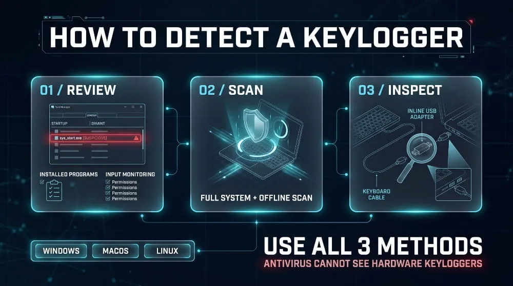 Infographic showing three ways to detect a keylogger: review processes, run security scans and inspect cables and ports.
