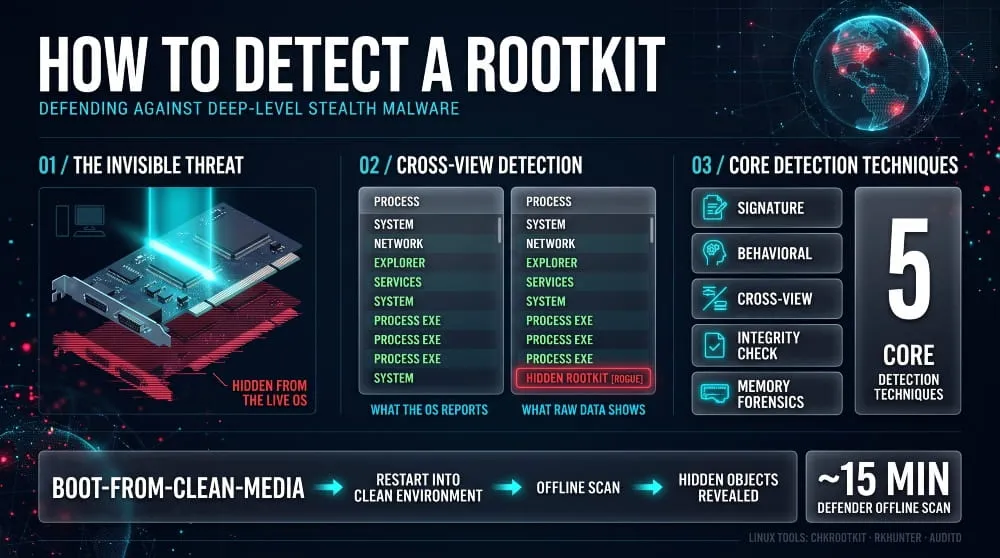 Infographic showing how to detect a rootkit with cross-view comparison, five detection techniques and an offline scan from clean media.