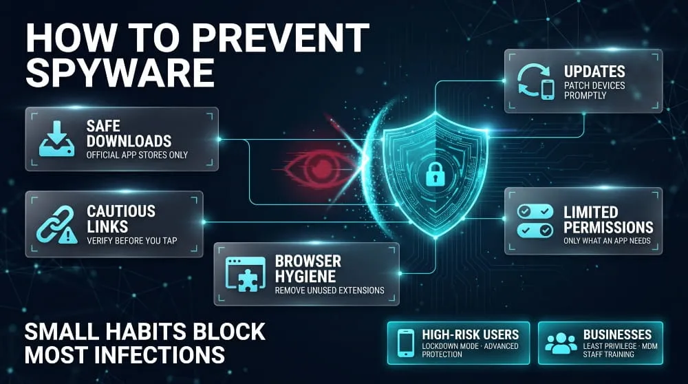 Infographic of five ways to prevent spyware, including safe downloads, updates and limited app permissions.