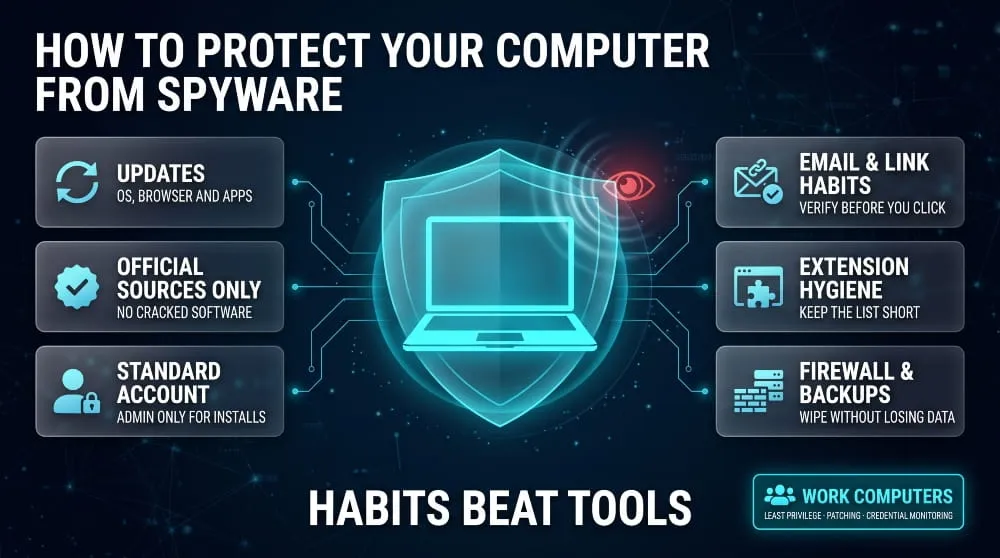Infographic of six ways to protect a computer from spyware, including updates, official sources and backups.
