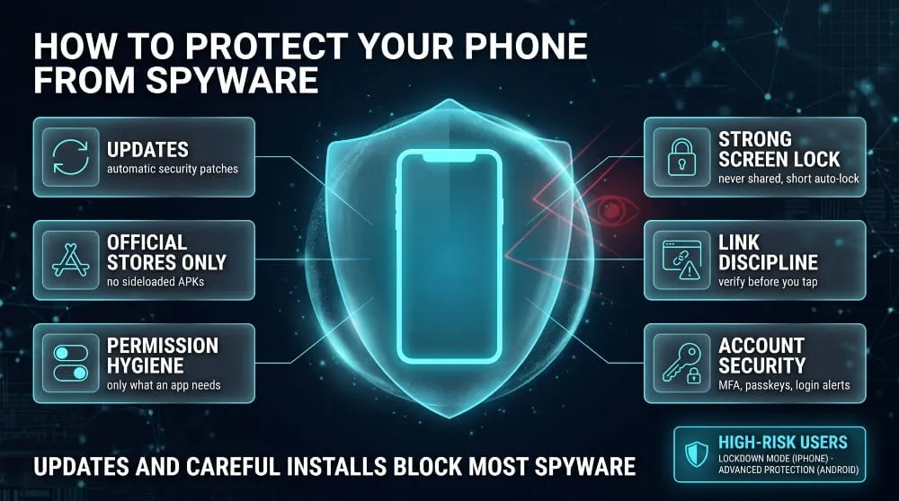 Infographic of six ways to protect a phone from spyware, including updates, official stores and account security.