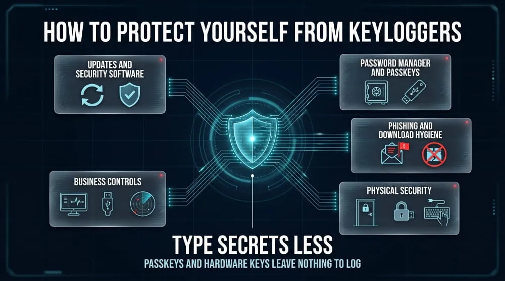 Infographic showing five layers of keylogger protection: updates, password managers and passkeys, phishing hygiene, physical security and business controls.