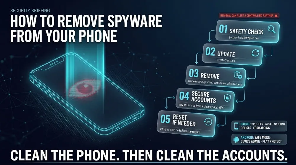 Five-step flow for removing spyware from a phone: safety check, update, remove, secure accounts, reset if needed.
