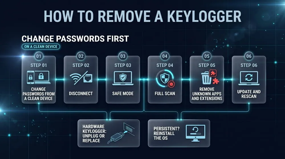 Step-by-step infographic showing how to remove a keylogger, from changing passwords to scanning, cleanup and rescanning.