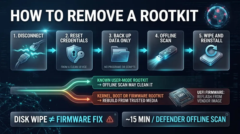Five-step infographic showing how to remove a rootkit, from disconnecting and resetting credentials to an offline scan and a full wipe and reinstall.