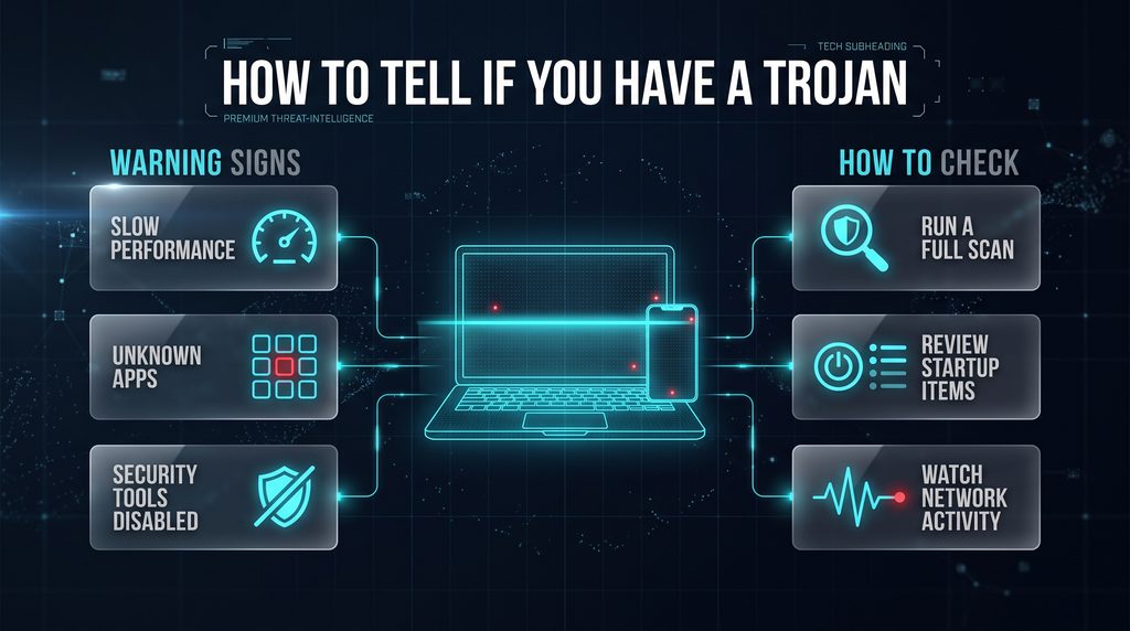 Infographic of a scanned laptop and phone with three warning signs of a trojan and three ways to check for one.