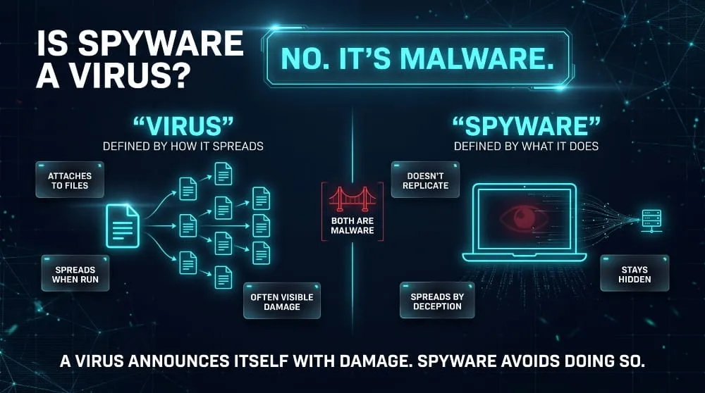 Split diagram comparing a virus that replicates through files with spyware that stays hidden and steals data.