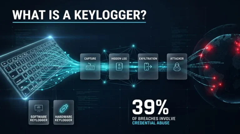 Infographic showing how a keylogger captures keystrokes, stores them in a hidden log and sends stolen logins to an attacker.
