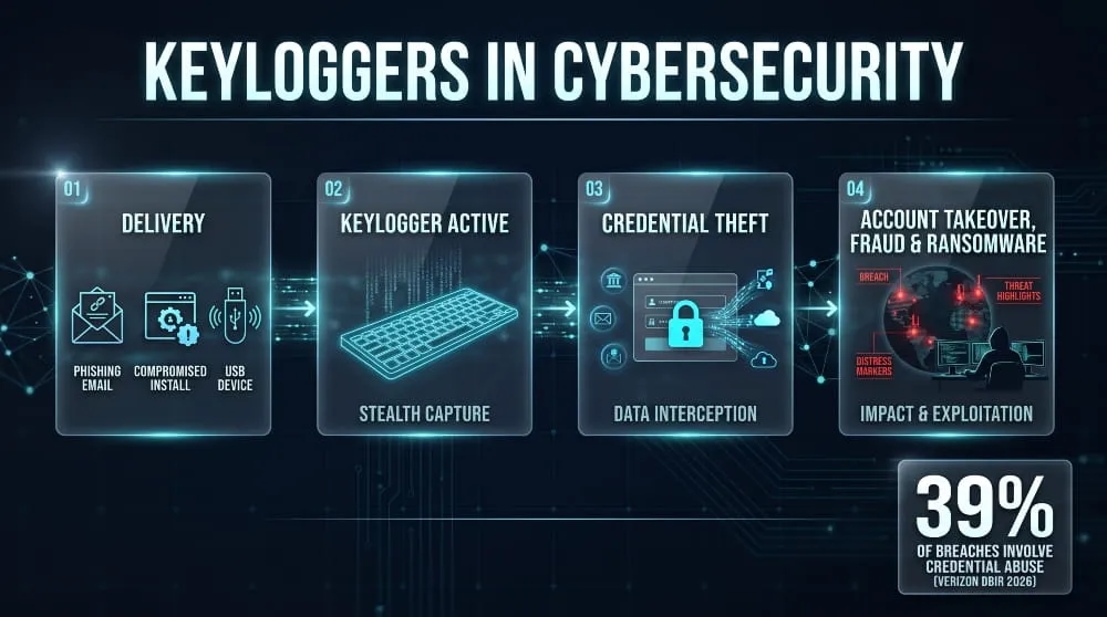 Infographic showing a keylogger attack chain from phishing delivery to credential theft, account takeover and fraud.