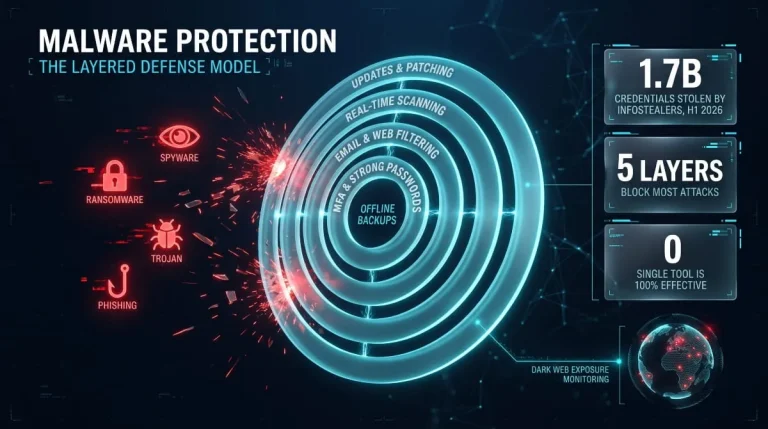 Layered malware protection shield blocking ransomware, spyware and phishing threats, with stats on infostealer credential theft.