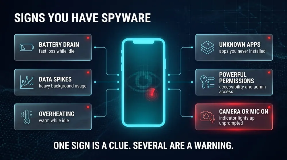 Infographic of six warning signs of spyware on a phone, including battery drain, data spikes and unknown apps.