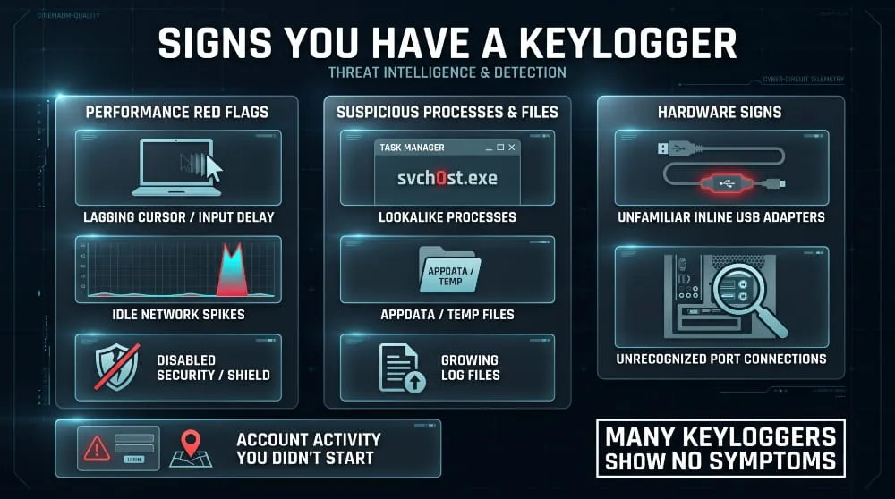 Infographic listing signs of a keylogger: typing lag, suspicious processes, unfamiliar USB adapters and unexplained account alerts.