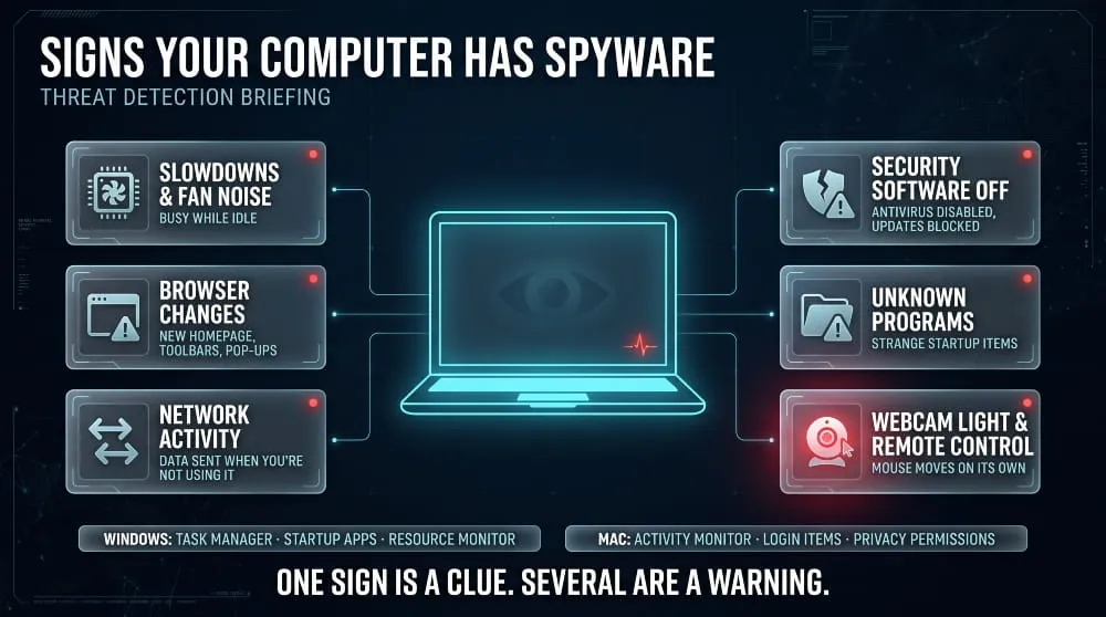 Infographic of six ways spyware gets on a computer, including cracked software, phishing and malicious extensions.