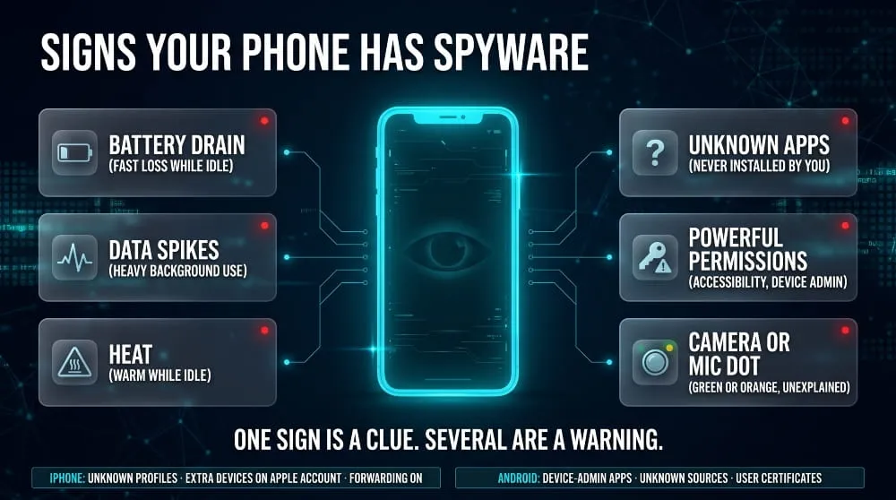 Infographic of six signs of spyware on a phone, plus iPhone and Android specific warning signs.
