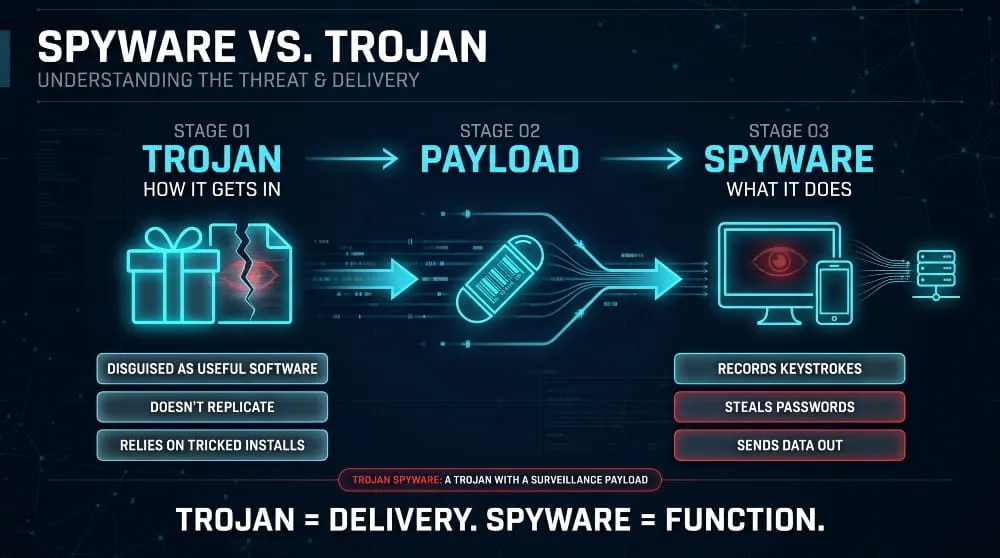 Flow diagram showing a trojan as the delivery method and spyware as the payload that steals data.
