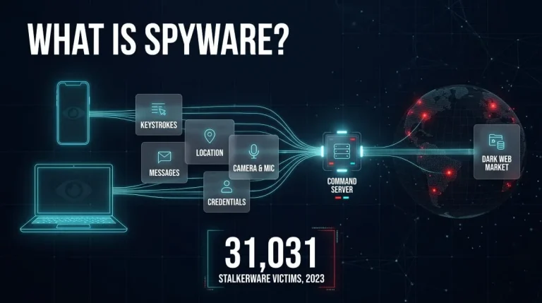 Infographic showing how spyware steals keystrokes, messages, location and credentials and sends them to a server.